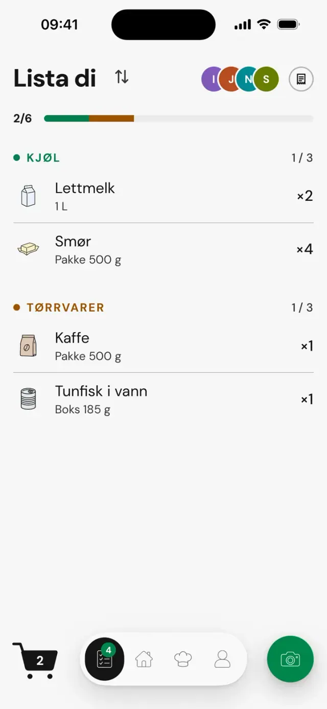 Delt skjerm «Lista di»: handleliste delt av fire personer, 2 av 6 varer tatt, gruppene Kjøl og Tørrvarer