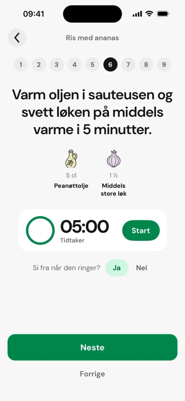 Matlagingsmodus, steg 5 av 8: varm oljen og svett løken, tidtaker 05:00
