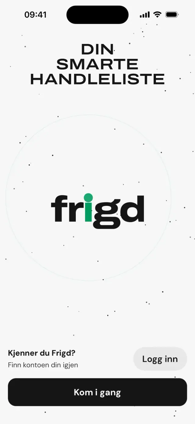 Appens første skjerm: «Din smarte handleliste», ordmerket frigd