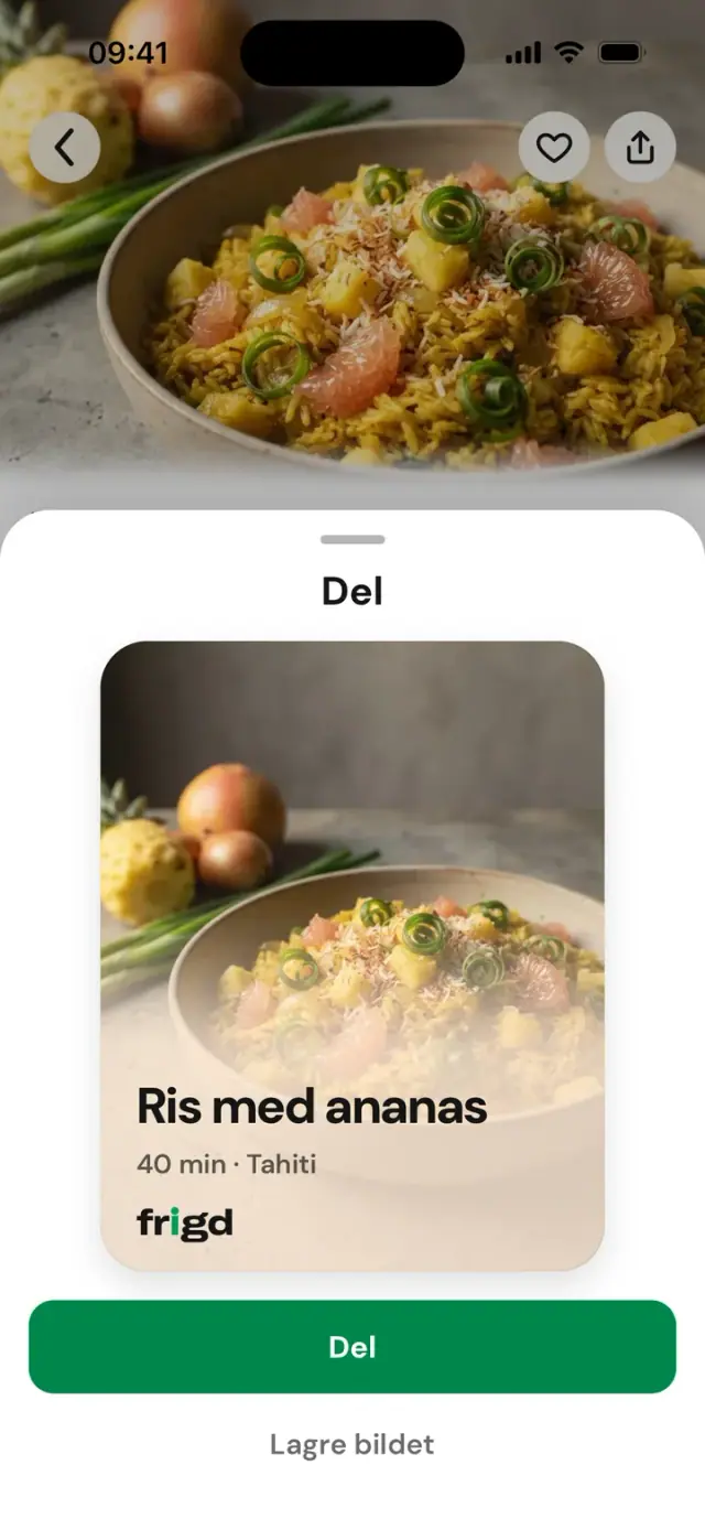 Panelet «Del» for en oppskrift, med bildet som lages