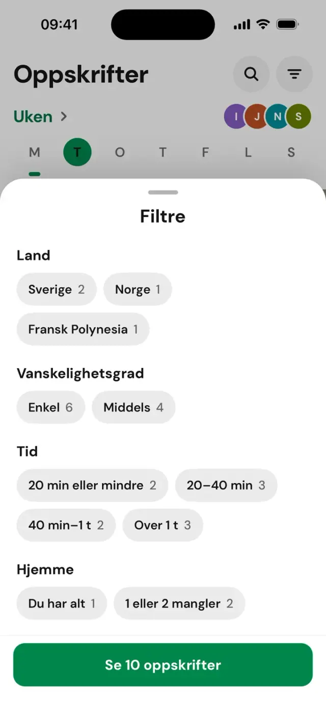 Panelet «Filtre»: land, tid, Hjemme