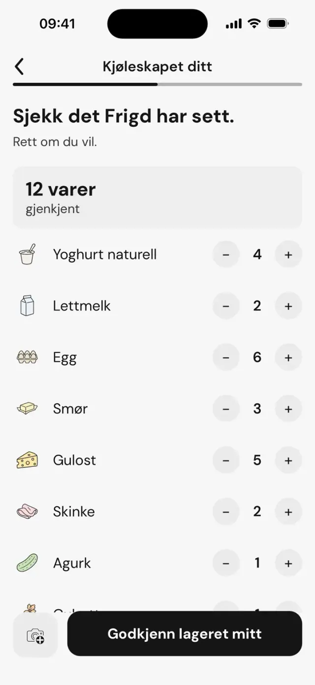 Skjermen «Sjekk det Frigd har sett.»: 12 gjenkjente varer med antall