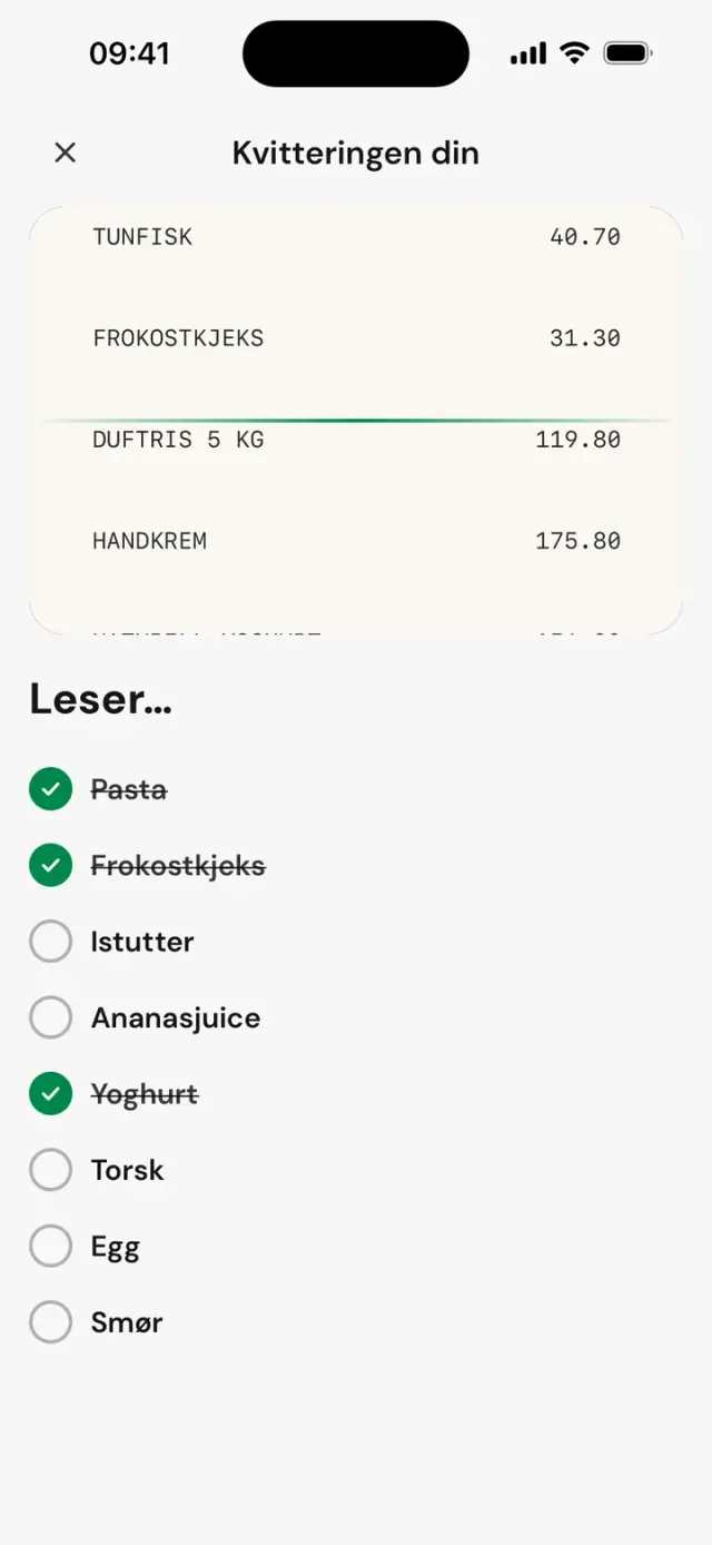 Kvitteringen leses linje for linje: «Leser…»