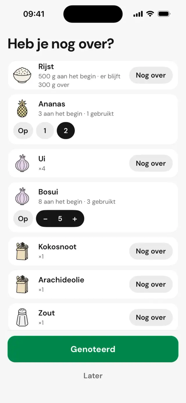 Scherm ‘Heb je nog over?’: rijst, ananas, uien, met ‘Nog over’ of ‘Op’