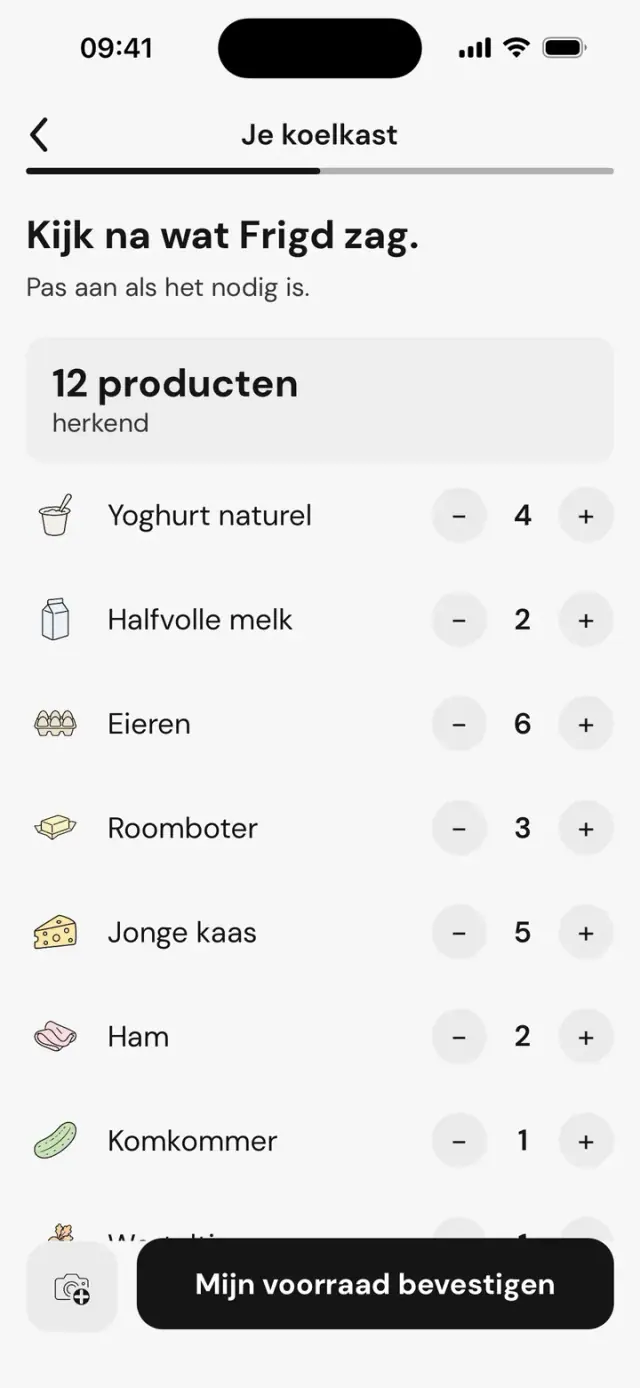 Scherm ‘Kijk na wat Frigd zag.’: 12 herkende producten met hun hoeveelheden