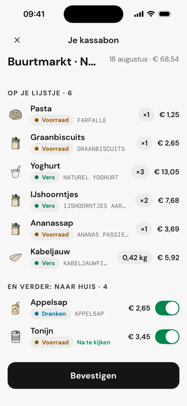 Kassabon vergeleken: Op je lijstje · 6, En verder: naar huis · 4