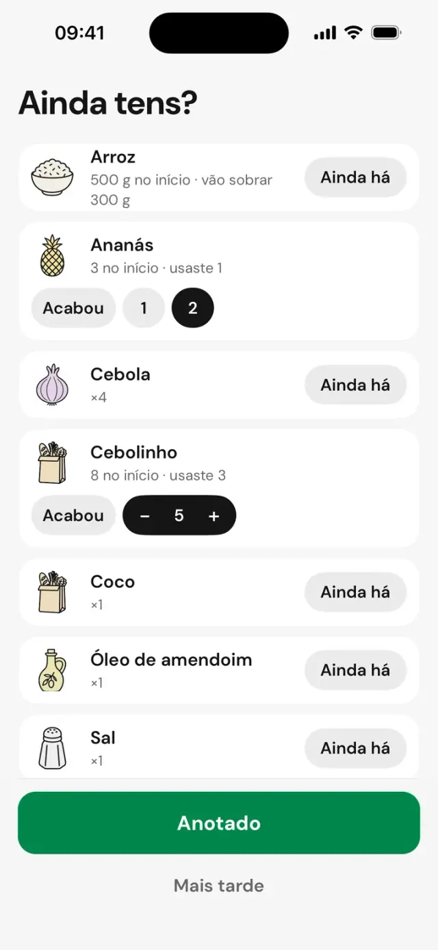 Ecrã «Ainda tens?»: arroz, ananás, cebolas, com «Ainda há» ou «Acabou»