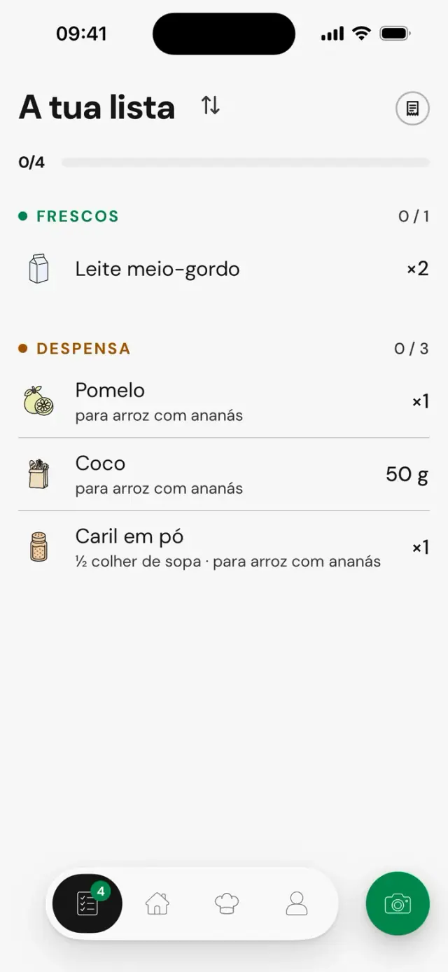 A lista com toranja, coco e caril «para Arroz com ananás»
