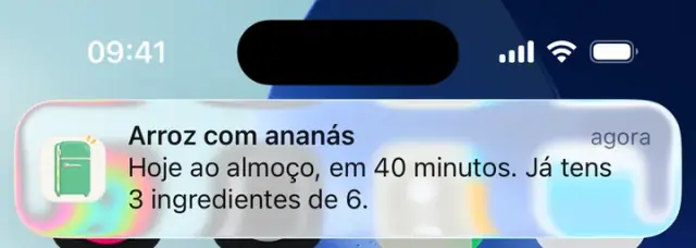 Notificação: Arroz com ananás. Hoje ao almoço, em 40 minutos. Já tens 3 ingredientes de 6.