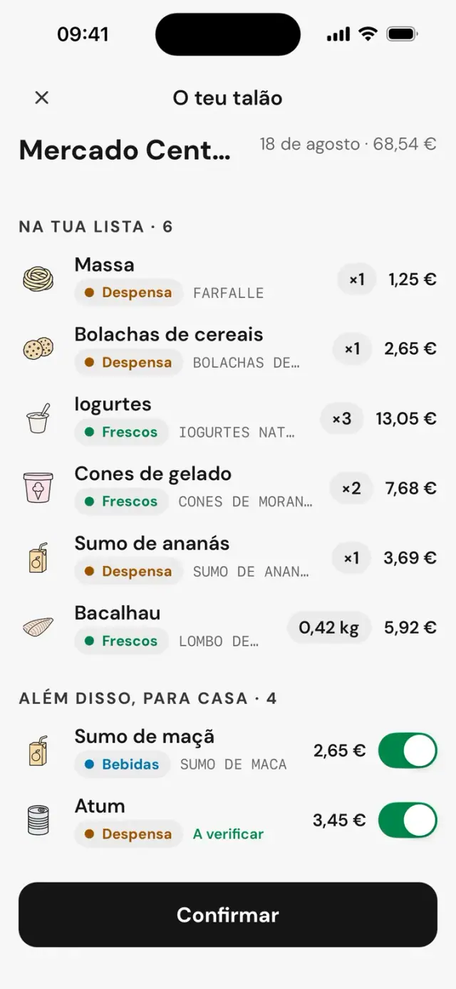Cruzamento do talão: Na tua lista · 6, Além disso, para casa · 4