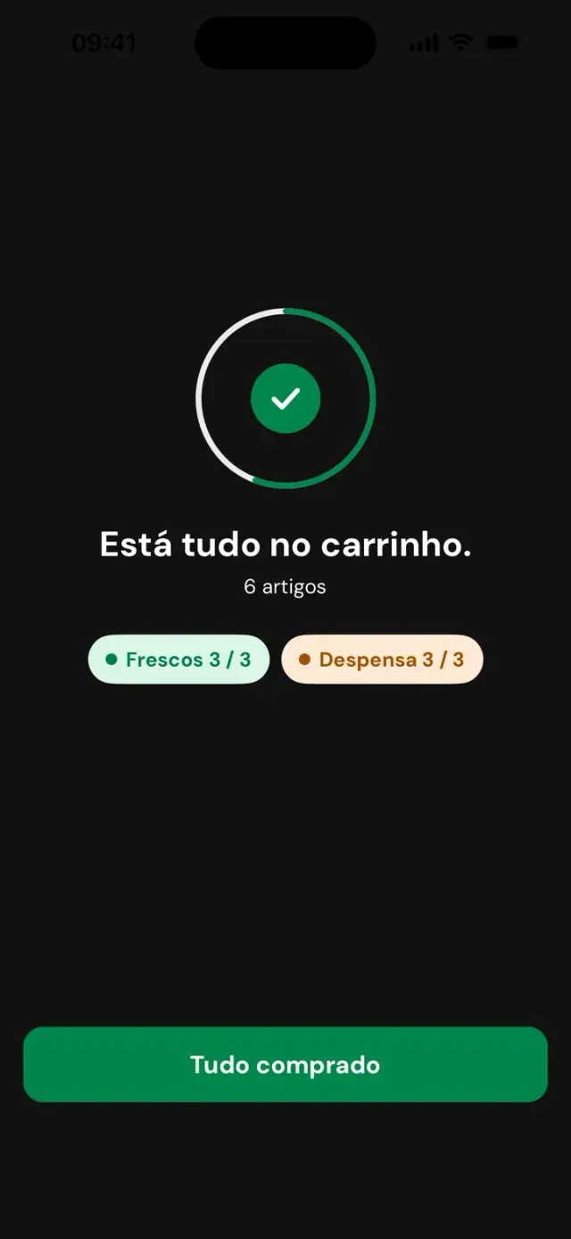 Ecrã «Está tudo no carrinho. 6 artigos», Frescos 3 de 3, Despensa 3 de 3
