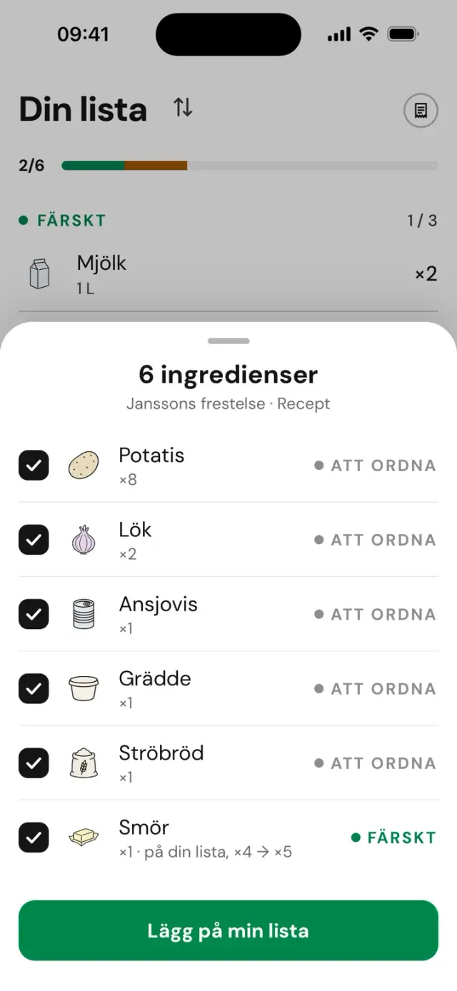 Ett recepts ingredienser inlagda på listan