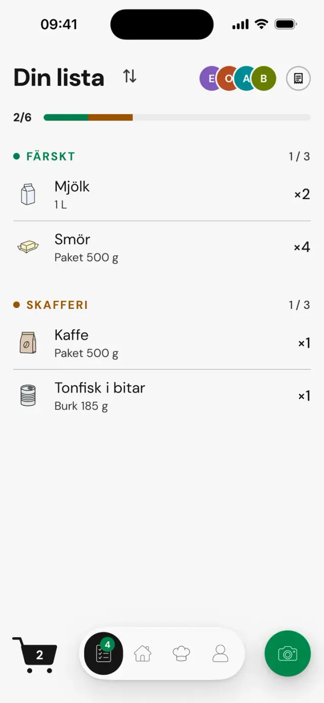 Delad skärm ”Din lista”: inköpslista delad av fyra personer, 2 av 6 varor tagna, grupperna Färskt och Skafferi