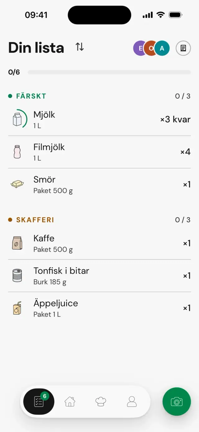 Skärmen ”Din lista”: mjölk, ×3 kvar