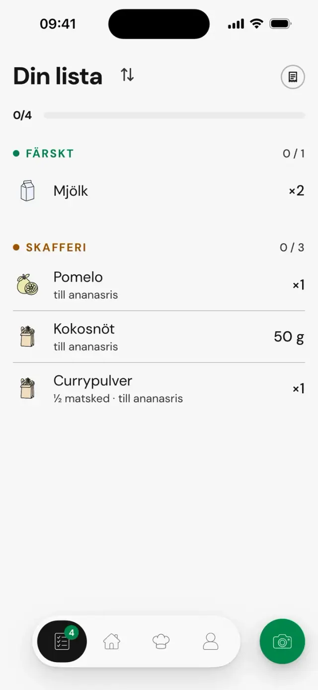 Listan med pomelo, kokos och curry ”till Ananasris”