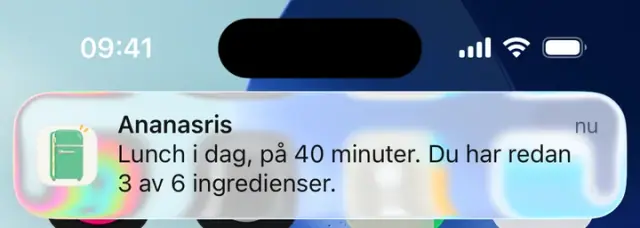 Notis: Ananasris. Lunch i dag, på 40 minuter. Du har redan 3 av 6 ingredienser.