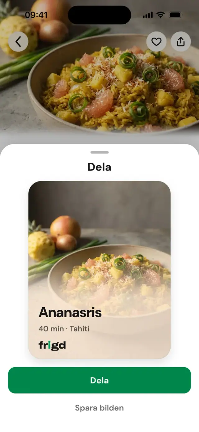 Panelen ”Dela” för ett recept, med den skapade bilden