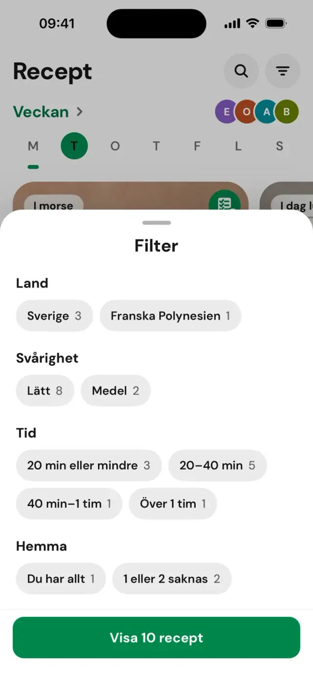 Panelen ”Filter”: land, tid, Hemma