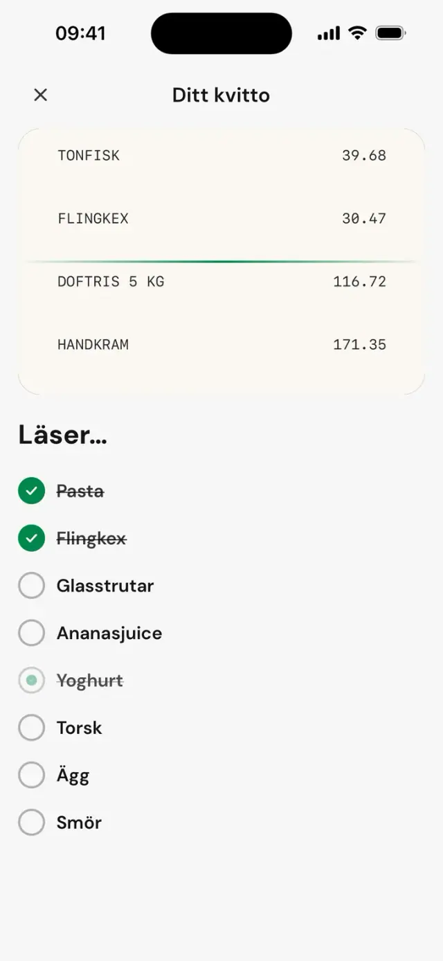 Kvittot läses rad för rad: ”Läser…”