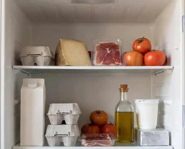 El interior de una nevera: leche, huevos, queso, jamón, tomates y aceite de oliva