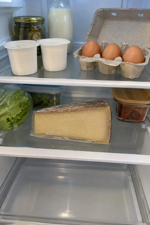 냉장고 안: 요거트, 우유, 계란, 치즈, 상추
